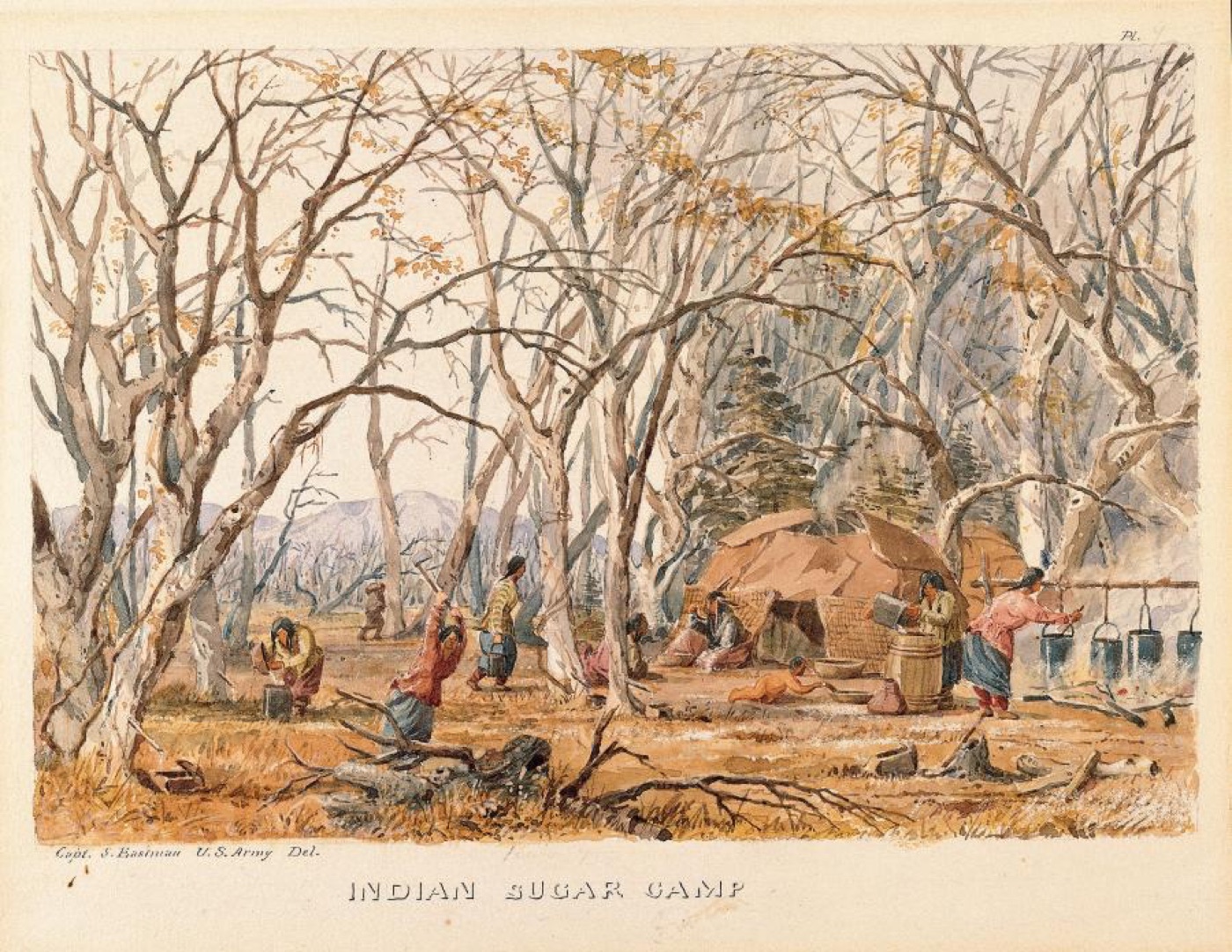 Indian Sugar Camp, a watercolor by Seth Eastman from 1853